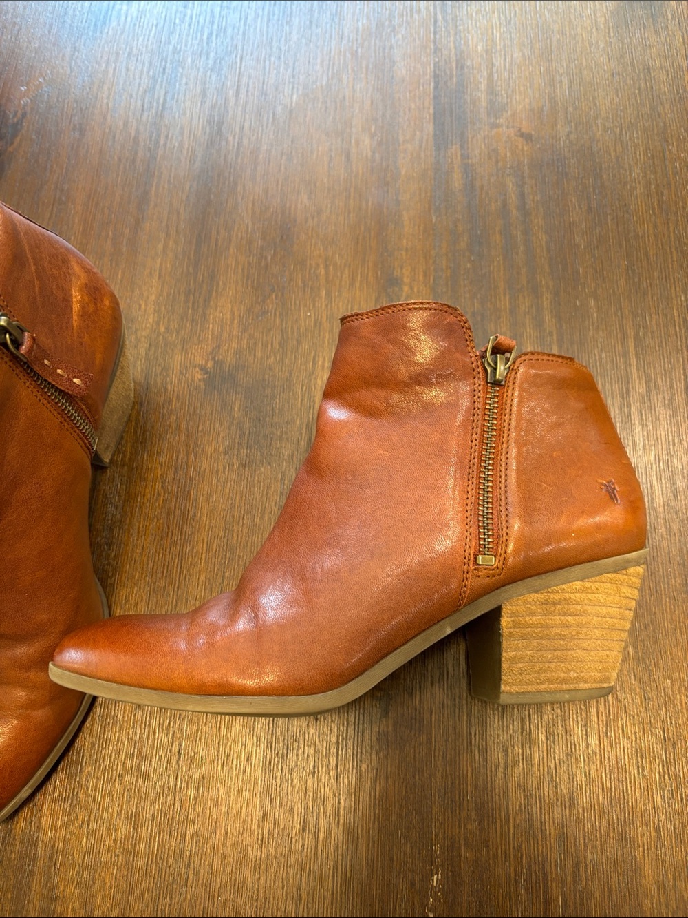 Frye Cognac Leather Ankle Booties with Stacked Heel - Picture 2 of 6